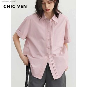 T-shirt Femme Chic Ven Femmes Chemise Nouveau Casual Lâche Double Fold Femme Blouses Simple Boutonnage À Manches Courtes Femme Tops Pour Fille 2023 Summer24329