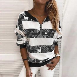 Dames T-shirt Kerstprint Tops Herfst Winter Nieuwe Elegante O-hals Ritsblouse T-shirts TeeWomen Casual Pullover met lange mouwen Streetwear