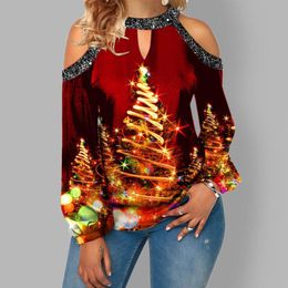 Dames T-shirt Kerstmis Vrouw Party T-shirt Lange Mouw Uit Schouder Rode Tops Boom Print Mode Casual Herfst Winter Dames Kleding