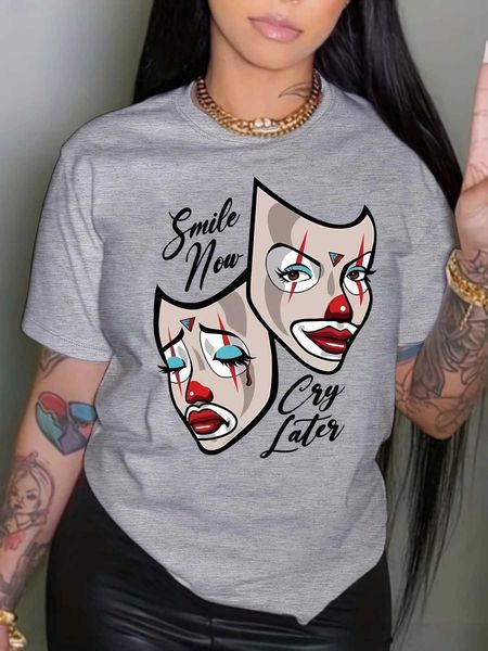 T-shirt pour femmes Clown Mask Print Crew Nou T-shirt T-shirt graphique décontracté Femme Coton Plus taille courte Slve Vintag Strt Tshirts Y240506
