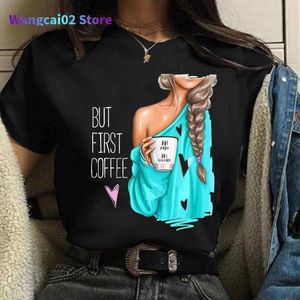 T-shirt Femme Coffee Girl T-shirt décontracté pour femmes nouveau haut noir pour fille col rond Y2K Harajuku années 90 mode vêtements à manches courtes livraison directe 022223H