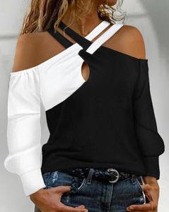 Camiseta de mujer Colorblock Crisscross Cold Shoulder Top de manga larga Camiseta casual camisetas moda mujer blusas mujer trajes ropa femenina 230209