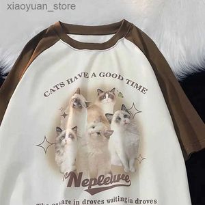 T-shirt Femme Coton Mignon Chat Graphique T-shirt Mode D'été Lâche Femmes Vintage Personnalité Art Frais Kawaii Vêtements Hauts À Manches Courtes 240130