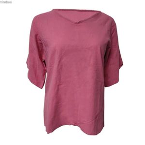 T-shirt Femme Coton Lin Chemise Femme Solide Col V Haut Lâche Blusas Vintage Demi Manches Volants Ourlet Tunique Ropa de Mujer 2021 C24319