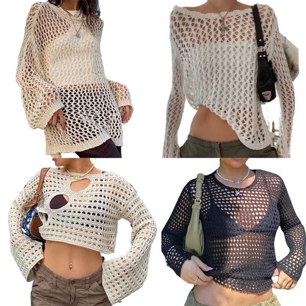 T-shirt femme Crochet évider Cover-Ups Tees Y2K Aesthetic Fairycore Vintage Knitted Loose Pull Top Harajuku Grunge Retro T-shirtWo