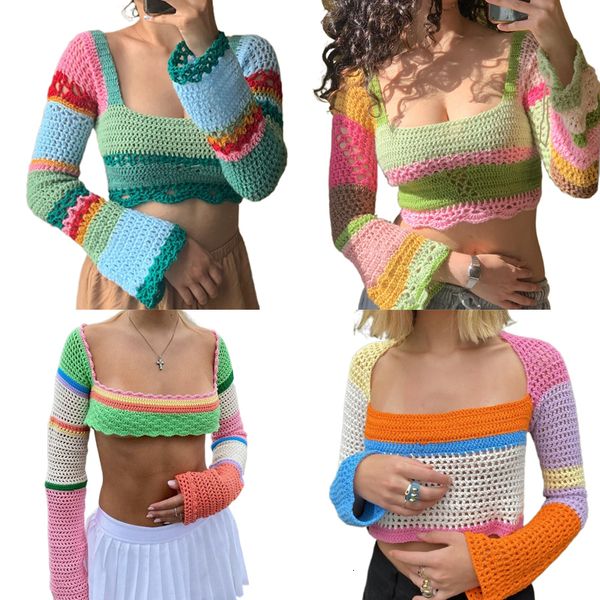 T-Shirt Femme Crochet Évider Patchwork T-shirts Y2K Esthétique Vintage Maigre Tricoté Crop Top Années 90 00 Rétro Dos Nu Tie-up Tees Pull 221117