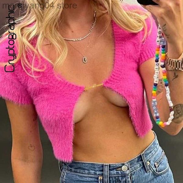 T-Shirt Femme Cryptographique Chic Mode Mohair Sexy Tops pour Femmes Cardigan À Manches Courtes Automne Lettres Chaîne Élégant Top Tricots Vêtements T230510