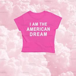 T-shirt femme mignon des années 2000 lettre esthétique imprimé rose bébé t-shirt Y2K Streetwear col rond manches courtes haut court vêtements Slim Fit femme t-shirt emo 230518