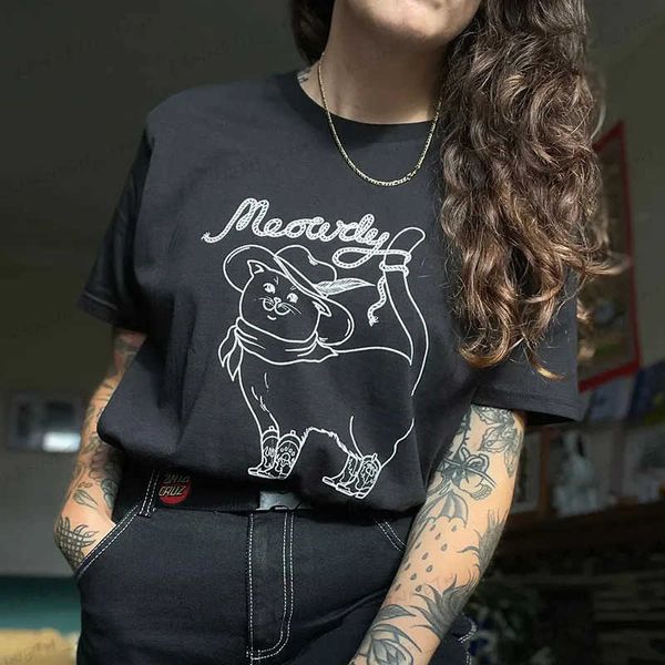 T-shirt Femme Mignon Meowdy Cowboy Cat Funny Meme T-shirts Western Howdy Shirt Été Femmes Casual Graphic Tees Coton Mode Esthétique Tops T240129