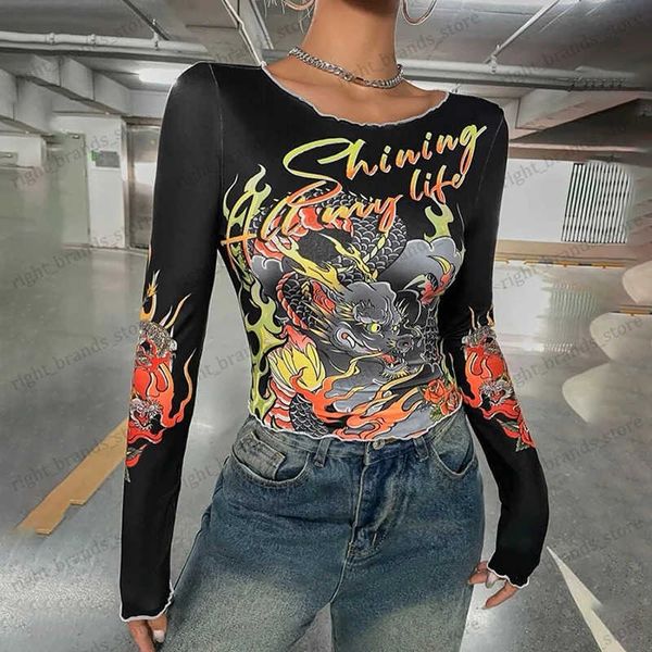 Camiseta para mujer CUTENOVA Mujeres Fire Dragon Impreso Camiseta China Tradición Impresión O Cuello Manga completa Mullet Tops Primavera Moda Camiseta Tee T240122