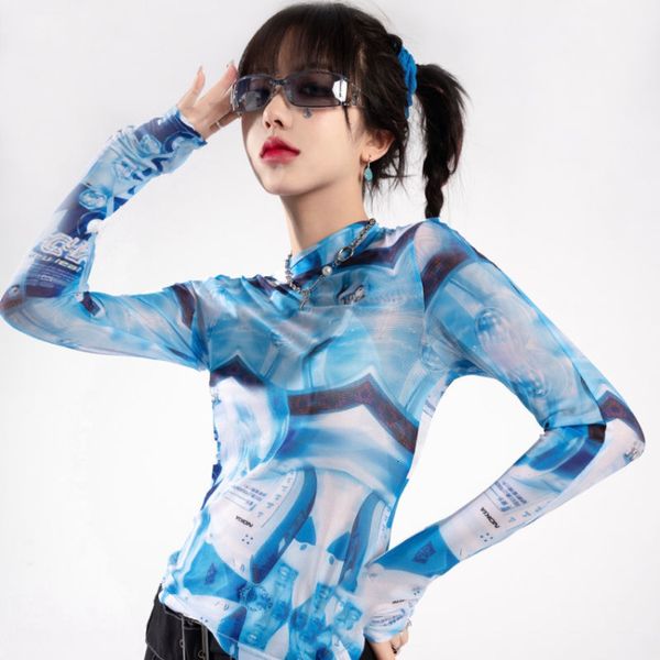 T-shirt pour femme Cyberpunk Ice Silk Sun Protection Mesh T-shirt pour femme Summer Blue Tie Dye Tee Shirt Y2k E-Girl Tops à manches longues 230721