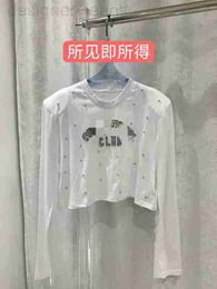 Women's T-Shirt designer 2023 Autumn New Beaded Water Diamond Letter Shoulder Pad Short Casual Fashion Versatile Round Neck Long Sleeve T-shirt Top UYR1