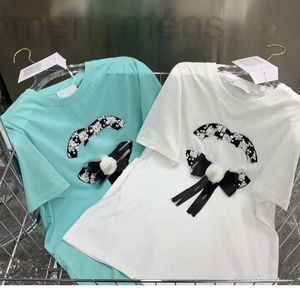 T-shirt femme designer 23ss vêtements pour femmes tWomens col rond coton industrie lourde perle diamant ruban paillettes décoration manches courtes t-shirt vêtements a1 RX5N