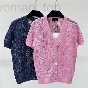 Dames T-shirtontwerper 24 Zomer Nieuwe kleine geurige v-hals holle diamanten beroemde stijl gebreide korte mouwen Cardigan I494