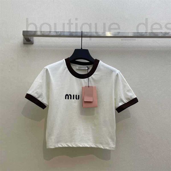 T-shirt femme marque de créateurs 2024 début printemps nouveau Nanyou Miu élégant style fille âge réduisant col bord contraste conception lettre imprimée T-shirt à manches courtes FLST