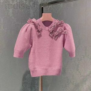 Dames T-shirt Designer Merk 23 Lente Nieuwe Miu Kort Gebreid Shirt Franse Zoete Roze Mouw Zware Industrie Boog Bubble Top 7HMD