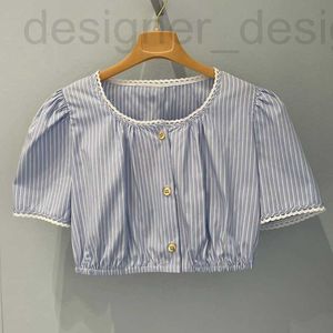 T-shirt femme marque de créateur Miu Miao chemise courte rayée avec nombril et taille apparents, chemise polyvalente à simple boutonnage, haut à manches pour femme, été 2023 4E41