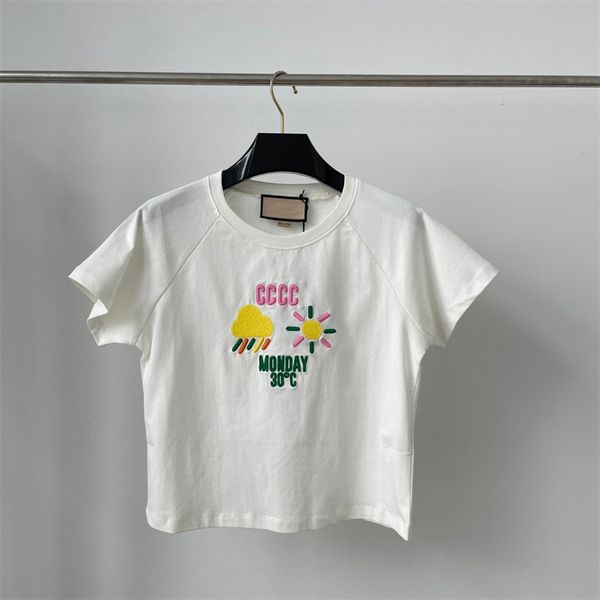 T-shirt femme vêtements de marque luxe léger début du printemps coupe slim court blanc haut dessin animé lettres colorées soleil pluie broderie