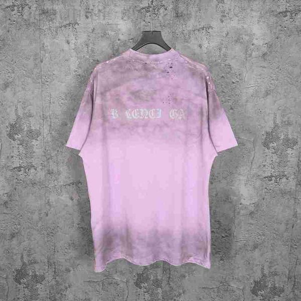 T-shirt femme designer version haute Paris B maison en détresse, sale, troué imprimé sanskrit rose sale col rond T-shirt à manches courtes OH30