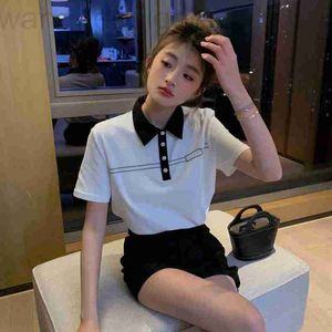 T-shirt pour femmes Designer Shenzhen Nanyou haut de gamme Miu Couleur de maison Décoration de revers contrastée eau diamant perle boucle polo épaule à manches courtes U9si