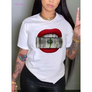 Dames T-shirt Designer Top Korte mouw Ronde hals Witte lippen Amerikaanse dollar Afdrukken T-shirt Mode Internationaal Station Tops voor dames