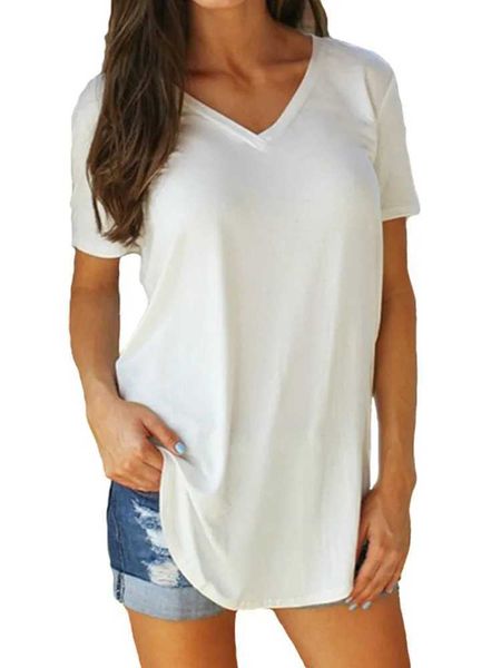 T-shirt féminin T-shirt dicloud-v-cou à col pour femmes t-shirts décontractés en noir et blanc pour dames s- vêtements de mode de couleur solide 2024 Été D240507
