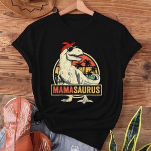 T-shirt pour femmes maman dinosaure marchant sous les cocotiers sur la plage à manches courtes imprimées t-shirtl2405 à manches courtes imprimées