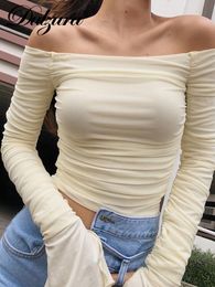 Dames t-shirt dulzura mesh patchwork vrouwen lange mouw gewas t-shirt ruches off schouder bodycon sexy elegante streetwear lente zomer 230413