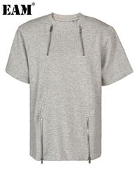 Damen T-Shirt EAM Damen Grau Reißverschluss Unregelmäßig Große Größe Casual T-Shirt Rundhals Kurzarm Mode Frühling Sommer 2023 1DF9174 230705
