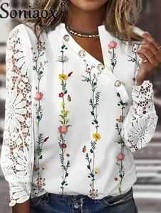 Dames t-shirt elegante knop decoratieve schuine nek shirt dames bloemenprint kanten lange mouw tops vrouwelijke zomer casual forens losse blouse t230826