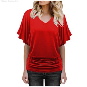 T-Shirt Femme Femmes élégantes Blouse T-shirt décontracté 2023 été Simple solide court Sle col en v bureau dame petit haut T-shirt ample L24312 L24312