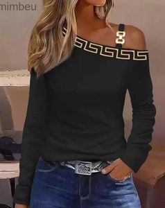 Dames T-shirt Elegante Dames Sexy Losse Blouse 2023 Lente Winter Eén schouder Uitgesneden ketting Hangende nek Gedrukt Knop Mode Vrouwelijke tops L240201