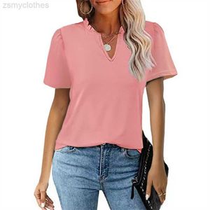 Dames T-shirt Elegant Houten Oorversiering V-hals Geplooid T-shirt met korte mouwen Dames Lente Zomer Dagelijks Informeel Basic Tops Effen Kleur Dames Tees