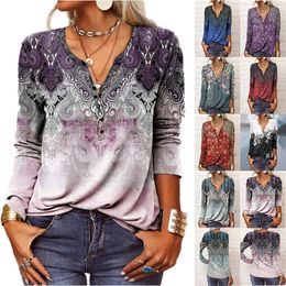 Dames T-shirt Ethnic Boheems T-shirt Women's Spring Autumn V Neck Casual Vintage Tops Long Sleeve Tops Oversize Button Gedrukt pullover shirt 230307