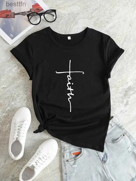 T-shirt Femme Faith Cross T-shirt Religion Design Print Femmes Vêtements esthétiques Devout Belir Tops Basic Blanc Short Sle Summer Tee Shirt 240311