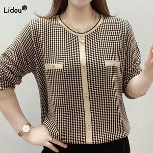 Women's T-Shirt Fashion Commute Houndstooth Round Neck T-shirt Female Chic Spliced Long Sleeve Elastic Pullovers Tops Spring Women's Clothing 230919