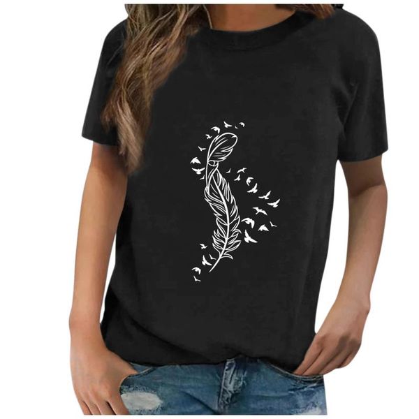 Camiseta para mujer Camisetas con estampado de plumas a la moda para mujer, blusa informal holgada con cuello redondo para mujer, Tops tipo túnica, camisa de manga corta 2021