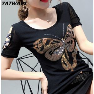 T-shirt femme mode or papillon diamants femmes dos nu t-shirt sexy gaze épissée épaule dénudée t-shirt haut fille streetwear t-shirts 230710