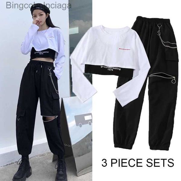 T-shirt Femme Fashion Jogger 3 pièces Ensembles Femmes 2021 Nouveau pantalon cargo taille haute avec chaîne Streetwear Casual Hip Hop Long Sle Crop TopsL231208