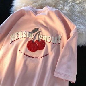 T-shirt féminin mode coréen marque chic troupeau Cherry broderie t-shirts kawaii filles tops 2022 Summer grand 3xl harajuku oversize tns y240509