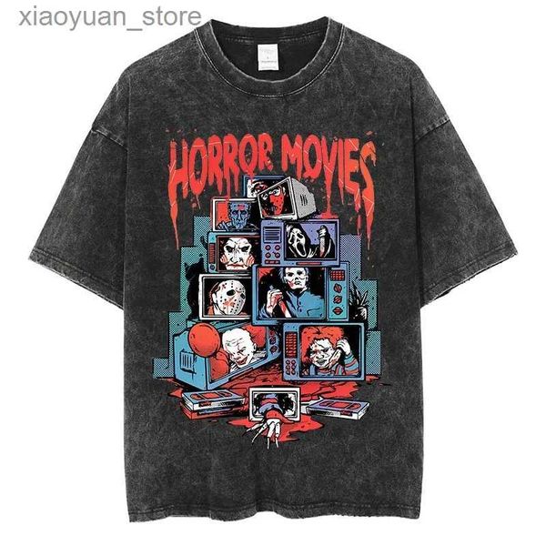 Camiseta para mujer Moda Nueva camiseta retro lavada para hombre Película de terror Harajuku Algodón Camisetas de anime Manga corta Negro de gran tamaño Y2k Punk Tees 240130