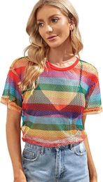 T-Shirt da donna Fashion New T-Shirt Designer Sheer Mesh Fishnet Net T-Shirt a maniche corte Crop Top