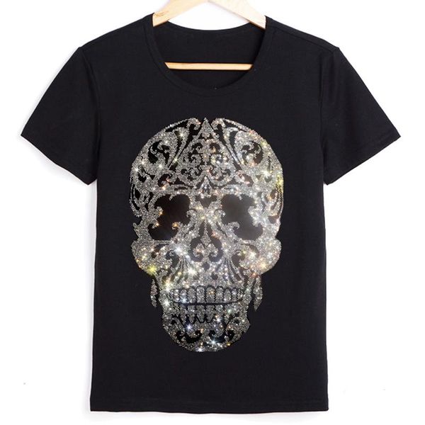 T-shirt pour femmes Tshirt 2022 Summer à manches courtes avec un crâne en cristal Impression de coton