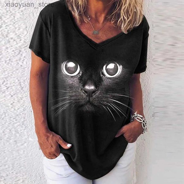 T-shirt Femme Mode Femme Blouses 2022 T-shirt Femmes 3D Chats Imprimer Noir Kawaii Col En V T-shirt Femme Vêtements Surdimensionnés Tops D'été T-shirts 240130