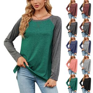 Camiseta de mujer Moda Mujer Otoño Color Bloque Costura O Cuello Manga larga Faux Leather Top Ropa