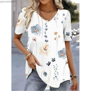 Dames t-shirt mode dames blouses 2024 t-shirt dames 3d bloemenprint witte kawaii v-neck t-shirt dames kleding oversized zomer top t-shirtl24029