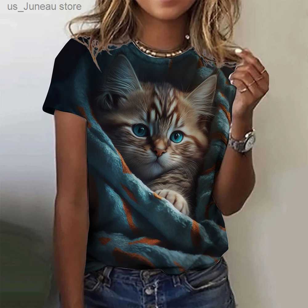 여자 티셔츠 패션 여성 티셔츠 동물 3D 프린트 카와이 고양이 그래픽 T 상단 여름 짧은 슬브 티 셔츠 캐주얼 탑 디자인 옷 1 T240415
