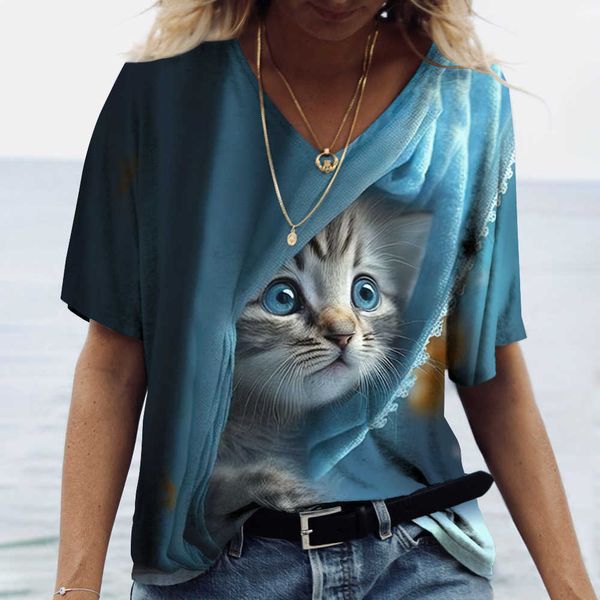 Camiseta de mujer Camiseta Kawaii para mujer Camiseta con estampado de gato lindo 3d Manga corta Ropa Y2k Calle de verano Sexy con cuello en v Vacaciones casuales Camiseta para mujer Tops