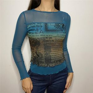 T-shirt femme FUFUCAILLM y2k Vintage Sheer Mesh Tops Esthétique Impression Indie Femmes Pulls à manches longues Couches Streetwear Harajuku T-shirts 230822