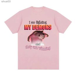 T-shirt féminin drôle Je combat mes démons et les t-shirts de souris gagnants de souris hommes créatifs manches courtes plus de taille plus t-shirtsl2403